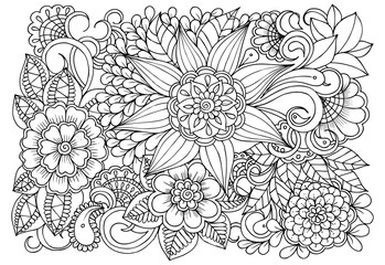 Vector black and white colorin page for colouring book. Leafs and flowers  in monocrome colors. Doodles pattern