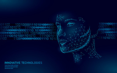 Wall Mural - Low poly female human face biometric identification. Recognition system concept. Personal data secure access scanning innovation technology. 3D polygonal rendering vector illustration