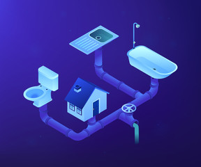 Canvas Print - House sewage system with pipes, sink, bath and toilet. Sewerage system, domestic wastewater service, sewer system technologies concept. Ultraviolet neon vector isometric 3D illustration.