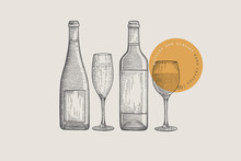 Image Of Wine Bottles And Glasses Of Different Shapes, Drawn By Graphic Lines On A Light Background. Vector Illustration In Engraving Style.