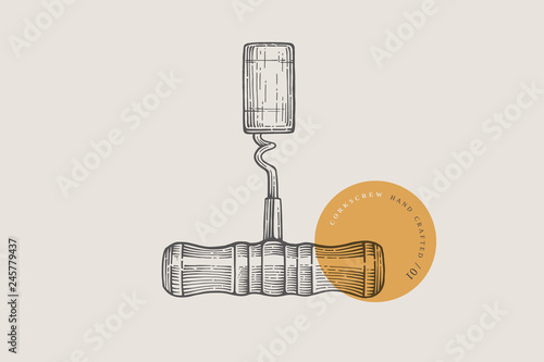 Cuadros en Lienzo Hand drawn corkscrew with wine cork illustration in engraving style on light background