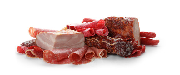 Wall Mural - Different tasty meat delicacies on white background