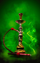 Canvas Print - Background of smoking hookah, green smoke, neon light