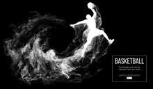 Abstract Silhouette Of A Basketball Player On Dark Black Background From Particles, Dust, Smoke, Steam. Basketball Player Jumping And Performs Slam Dunk. Background Can Be Changed To Any Other. Vector