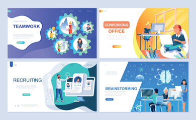 Set of landing page template for Teamwork, Recruiting, Brainstorming, Coworking Office. Modern vector illustration flat concepts decorated people character for website and mobile website development.