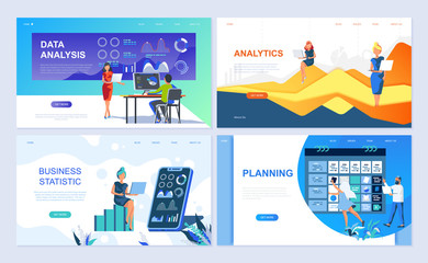 Set of landing page template for Data Analysis, Analytics, Business Statistic, Planning. Modern vector illustration flat concepts decorated people character for website and mobile website development.