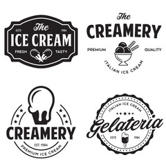 Set of vintage ice cream shop logo badges and labels, gelateria signs. Retro logotypes for cafeteria or bar.