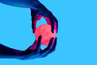 © Katia - Isolated on blue background photo of man holding moon shape illuminated sphere. Surrealistic collage style, contemporary art element for design, posters and banners. Neon purple light. Pop inspiration