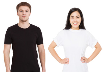 Wall Mural - Asian girl and man in blank template t shirt isolated on white background. Guy and young woman in tshirt with copy space and mock up for advertising. White and black shirts. Front view