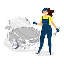 Illustration Of A Female Auto Mechanic Mechanic In Flat Style With Thumb Up