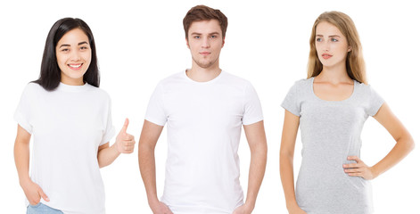 Wall Mural - Women and man in blank template t shirt isolated on white background. Guy and girls in tshirt with copy space and mock up for advertising. White and gray shirts. Front view