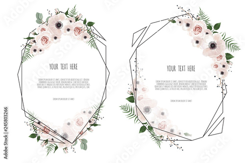 Set Vector floral design card. Greeting, postcard wedding invite template. El...