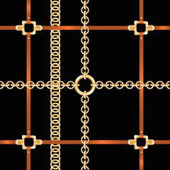 Golden chains and belts, seamless pattern. Baroque style fashion pattern with chains and belts