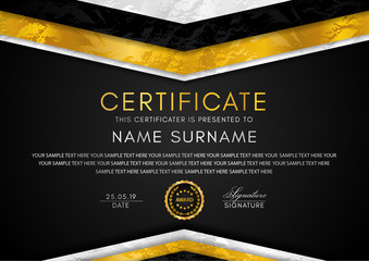 Wall Mural - Certificate template with geometry frame and gold badge. Black background design for Diploma, certificate of appreciation, achievement, completion, of excellence, award