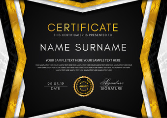 Wall Mural - Certificate template with geometry frame and gold badge. Black background design for Diploma, certificate of appreciation, achievement, completion, of excellence, award
