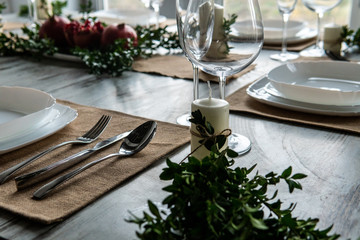 Beautiful table setting with lavender flowers on wooden background