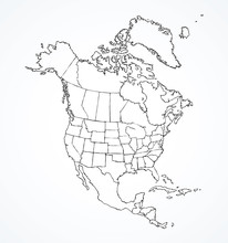 North American Continent With Contours Of Countries. Vector Drawing