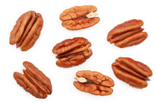 Pecan Nut Isolated On White Background. Top View. Flat Lay