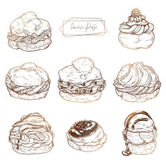 Sweet pastries - cream puffs. Vector set of cakes with fruit and berry stuffing, cream and chocolat.