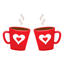 Two Cups With Hot Drink. Red Cup With Heart. Vector Illustration