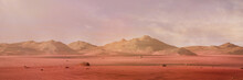 Landscape On Planet Mars, Scenic Desert Surrounded By Mountains On The Red Planet (3d Space Rendering Banner)