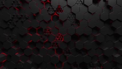 Abstract technological background made of black hexagons with red glow. Seamless loop