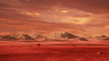 Landscape On Planet Mars, Scenic Desert Surrounded By Mountains On The Red Planet