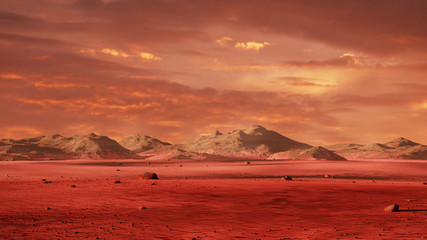 landscape on planet mars, scenic desert surrounded by mountains on the red planet