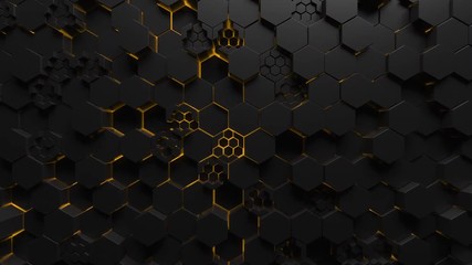 Abstract technological background made of black hexagons with yellow glow. Seamless loop