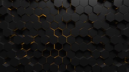 Abstract technological background made of black hexagons with yellow glow. Seamless loop