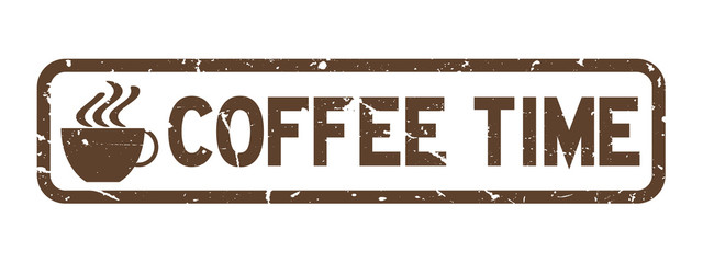 Wall Mural - Grunge brown coffee time word with cup icon square rubber seal stamp on white background