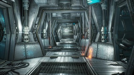 Wall Mural - futuristic sci-fi tunnel with sparks and smoke, interior view. looped animation of the camera flight