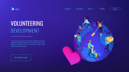 Wall Mural - Volunteers at work on globe cleaning, helping the elderly, planting and donating. Volunteering, volunteer services, altruistic job activity concept. Isometric 3D website app landing web page template