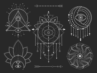 Wall Mural - vector set of sacred geometric and natural symbols on black background. abstract mystic signs collec