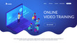 © Visual Generation - Students e-learning by webinar training and listening to businessman with charts on laptop. Webinar, online video training, tutorial podcast concept. Isometric 3D website app landing web page template