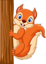 Cartoon Cute Squirrel Climbing On A Tree