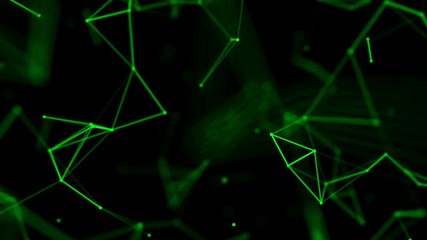 Abstract green geometric background with moving lines and dots