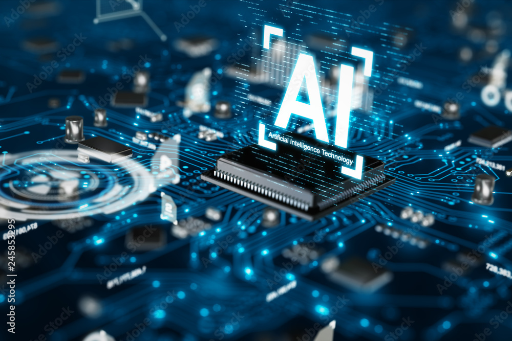3D render AI artificial intelligence technology CPU central processor unit chipset on the printed circuit board for electronic and technology concept select focus shallow depth of field - obrazy, fototapety, plakaty 