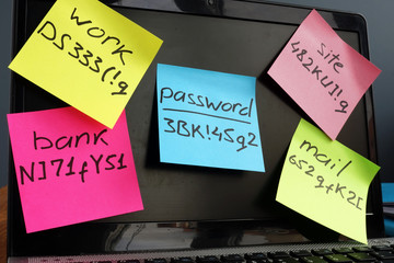 Wall Mural - Password management. Laptop with memo sticks on the screen.