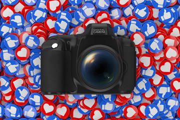 Aufkleber - Modern Digital Photo Camera over Heap of Social Media Network Love and Like Heart Badges Coins Background Texture. 3d Rendering