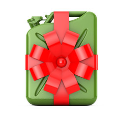 Aufkleber - Free Fuel Concept. Green Metal Jerrycan with Red Ribbon and Bow. 3d Rendering