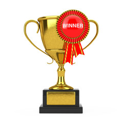 Poster - Golden Award Trophy with Red Award Ribbon Rosette and Winner Sign. 3d Rendering