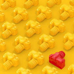 Poster - Rows of Yellow Modern Digital Photo Camera with One Red. 3d Rendering