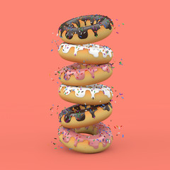 Poster - Stack of Big Strawberry Pink and Chocolate Glazed Donut with Color Sprinkles. 3d Rendering