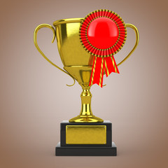 Poster - Golden Award Trophy with Red Blank Award Ribbon Rosette. 3d Rendering
