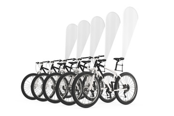 Poster - Row of Mountain Bicycles with Blank Banner Promotion Feather Flags. 3d Rendering