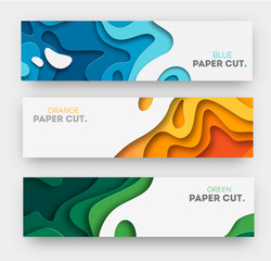 Wall Mural - horizontal banners with 3d abstract background, white paper cut shapes. vector design layout for bus