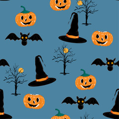 Trendy Halloween seamless pattern vector with pimpkin ,night tree,bats,moon ,hats design for fashion,fabric,and all prints