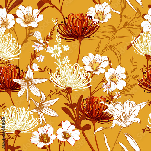 Dekoracja na wymiar  retro-botaniczny-kwitnace-kwiaty-ogrodowe-niedokonczone-rysowanie-linii-wektor-wzor-dla-mody-tkaniny-tapety-i-wszystkich-wydrukow