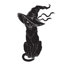 Black Cat With Pointy Witch Hat Line Art And Dot Work. Wiccan Familiar Spirit, Halloween Or Pagan Witchcraft Theme Tapestry Print Design Vector Illustration.